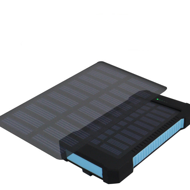 Solar panel charging device with text on a white background