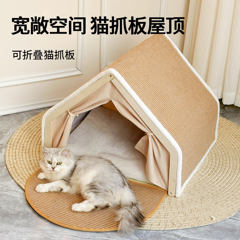 Cat bed, all-season cat villa, cat house, seashell semi-enclosed sleeping bag, cat scratching post, non-shedding sisal cat tent